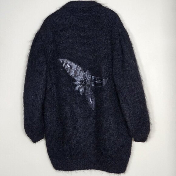 Handmade Cardigan Womens L Black Wool Blend Embellished Lined LS Whimsigoth Art - Picture 2 of 16